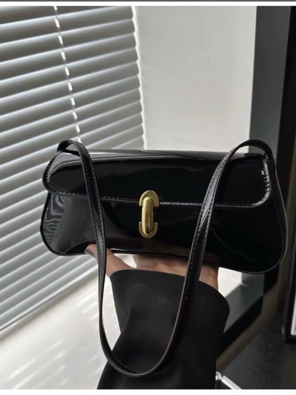 Patent Black Shoulder Bag with Gold Clasp